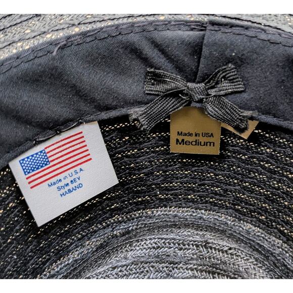 VTG Haband Black Straw Fedora Hat Medium 22" Gray Striped Hatband Made in USA - Picture 10 of 11